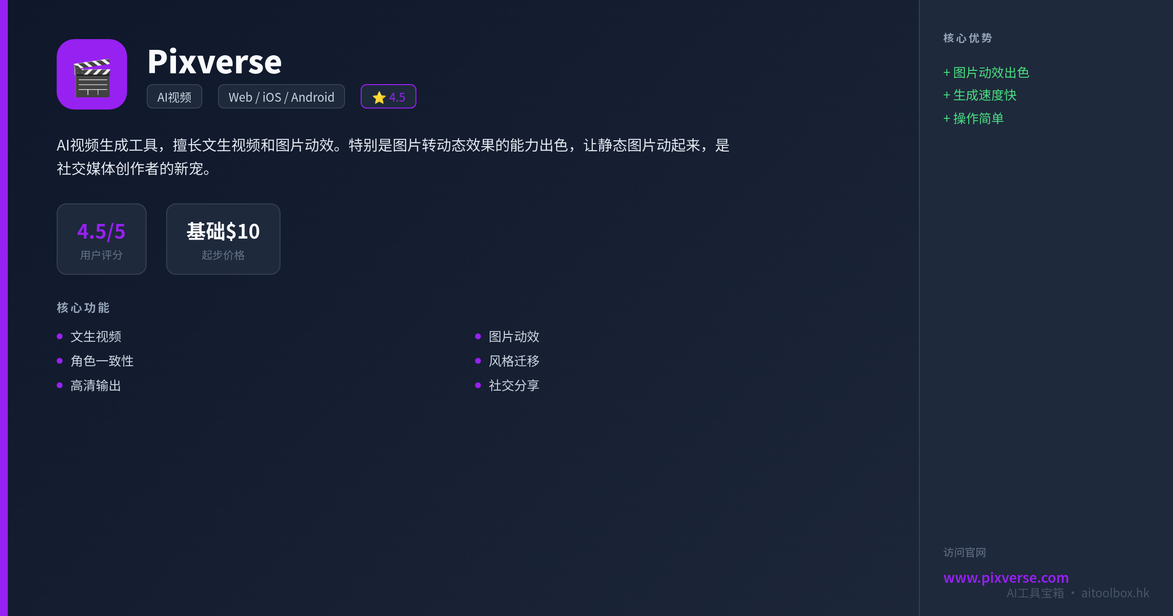 Pixverse功能亮点信息图