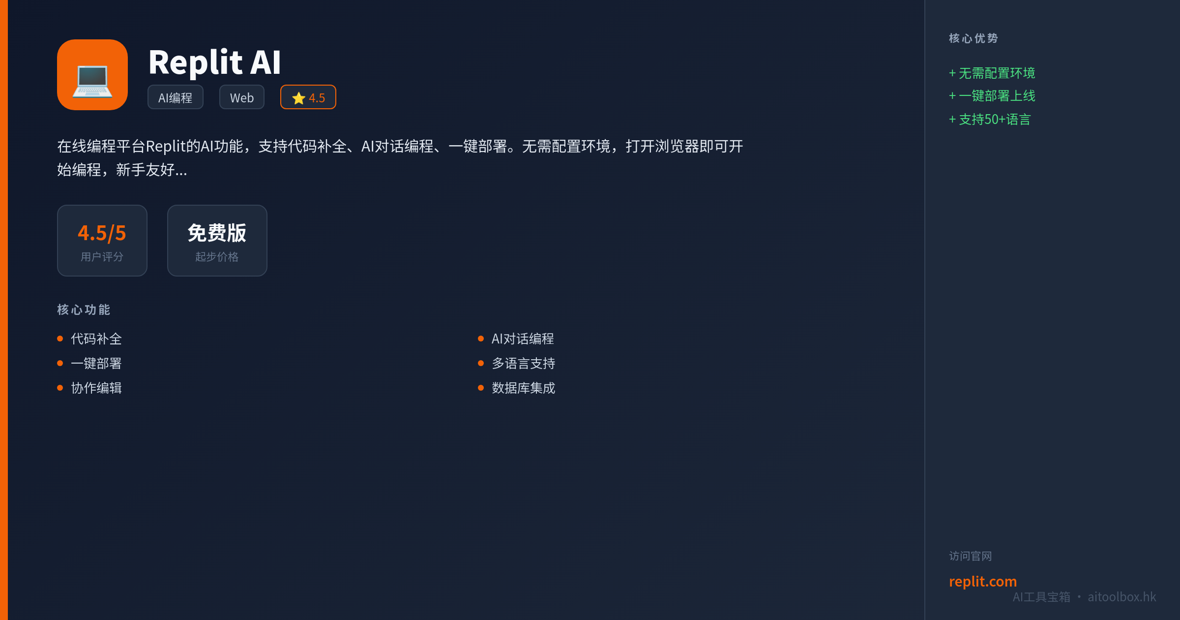 Replit AI功能亮点信息图