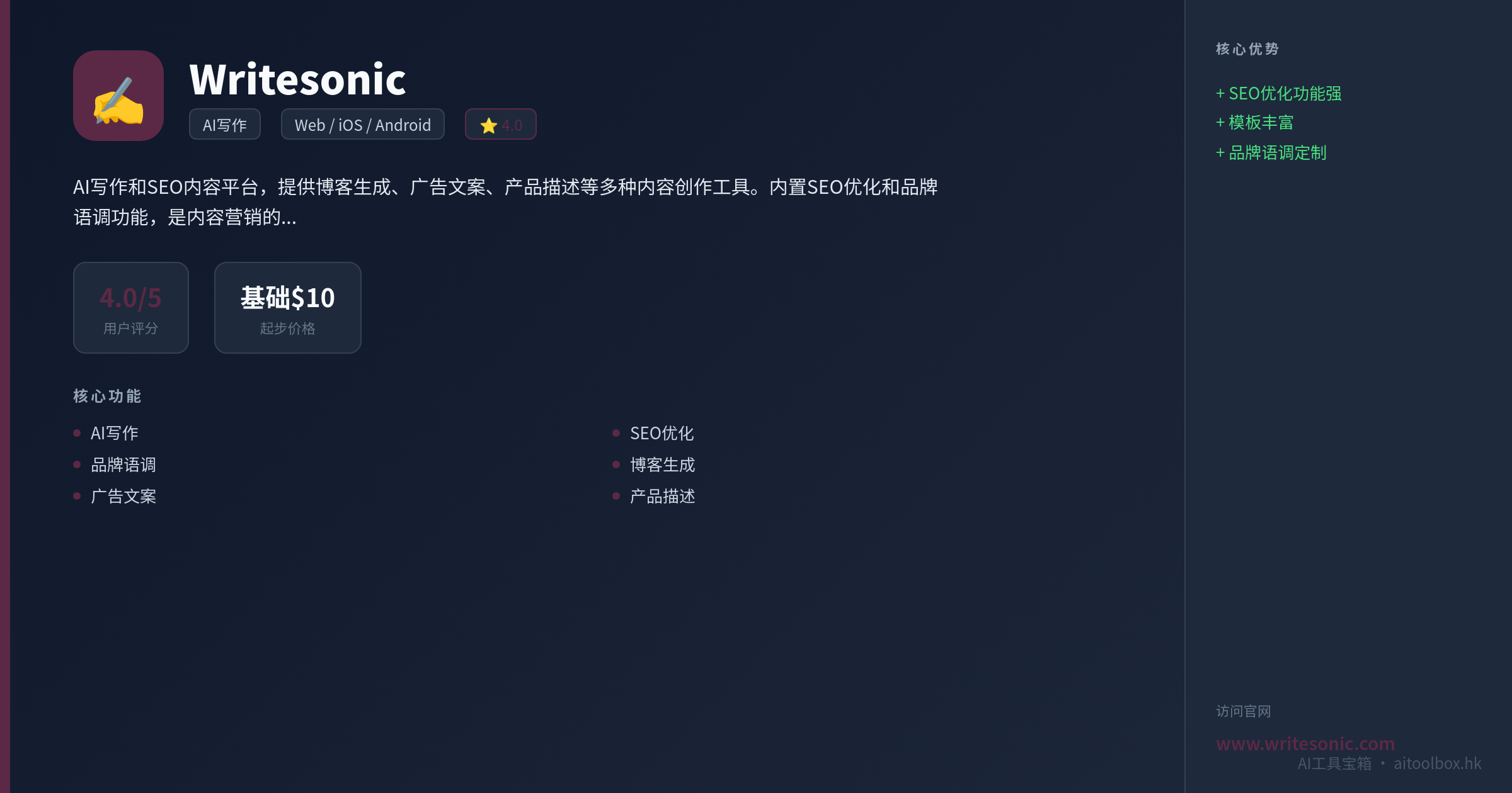 Writesonic功能亮点信息图